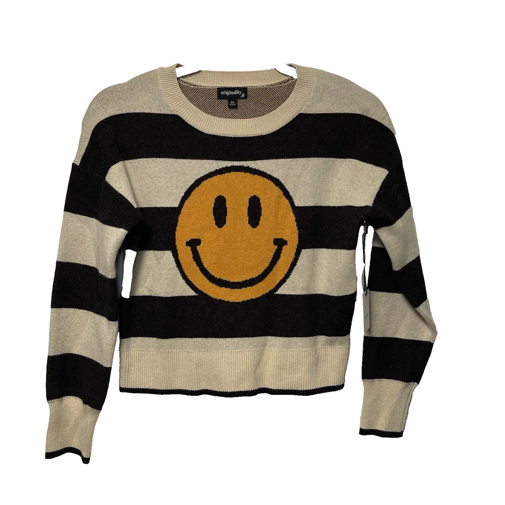 Originality Black & Cream Striped Crewneck Sweater with Yellow Smiley